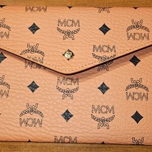 MCM Peach Leather Wristlet with Black Accents